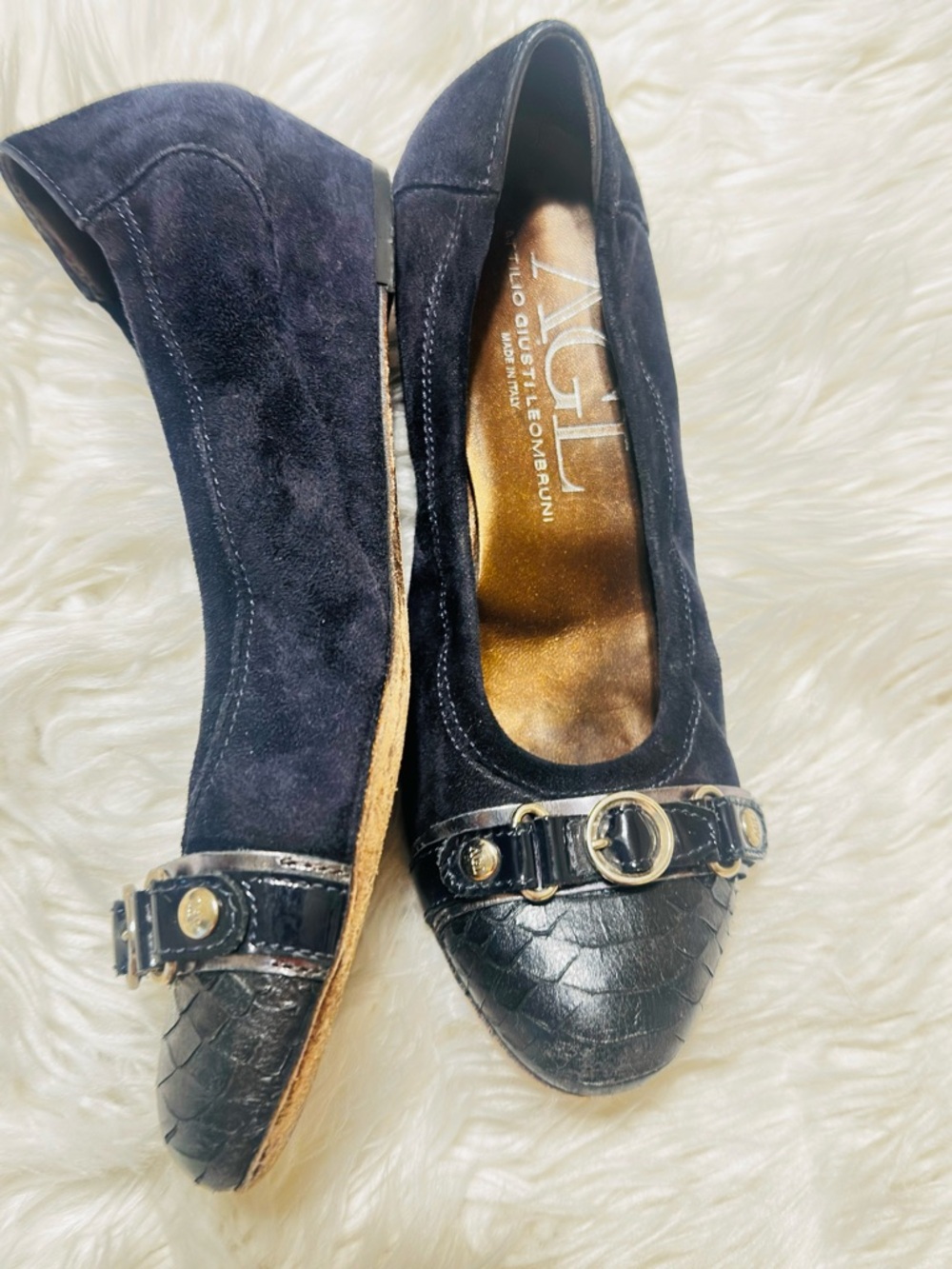 AGL Navy Blue Suede & Leather Ballet Flats with Silver Accent